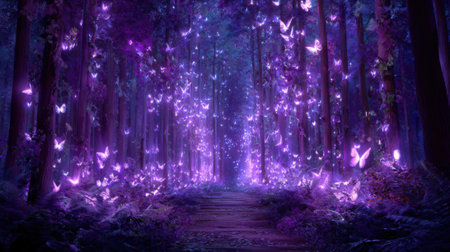 Butterflies of various sizes illuminate the serene forest at dusk. Soft purple lights dance among tall trees creating a magical and tranquil scene perfect for reflection and peace.の素材