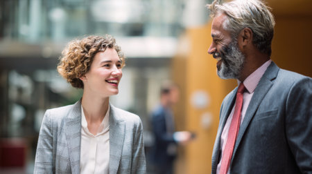 A woman with curly hair and a man with gray hair smile and talk in a contemporary office. They are dressed in formal attire and enjoying their conversation while others work in the background.の素材