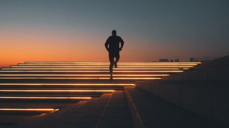 A silhouette of a runner climbs highlighted steps during sunset showcasing an energetic evening workout in a city setting. The sky fades from blue to orange adding to the scenes beauty.の素材
