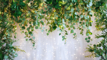A lush green backdrop features vibrant leaves and delicate fairy lights creating a warm and inviting atmosphere. Perfect for weddings and gatherings it enhances any celebration.の素材