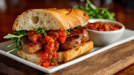 A delicious sandwich filled with savory sausage sits on a plate beside fresh arugula and a small bowl of vibrant tomato sauce. The setting is casual and inviting.の素材