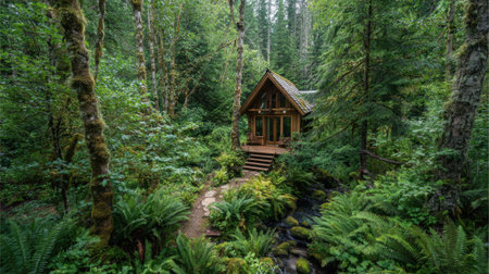 A cozy cabin stands in a vibrant forest surrounded by dense greenery and tall trees creating peace.の素材