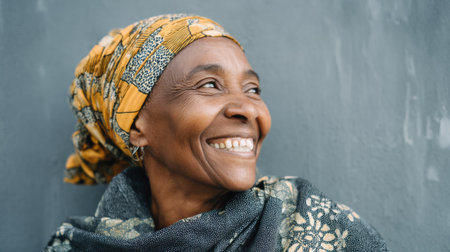 A joyful woman smiles brightly while wearing a vibrant headscarf and a patterned shawl. She appears and relaxed happy showing her warmth and positivity in a friendly atmosphere.の素材