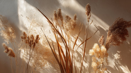 Soft shadows play upon delicate dried flowers creating a serene and elegant atmosphere in a cozy setting.の素材