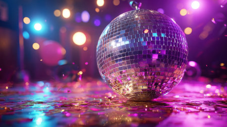 Bright lights flash as a disco ball reflects colors creating a festive atmosphere during the celebration.の素材