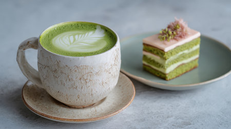 A warm cup of matcha tea sits next to a delectable slice of layered green cake inviting indulgence.の素材