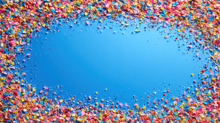 Brightly colored confetti surrounds a serene blue center perfect for celebration themes.の素材
