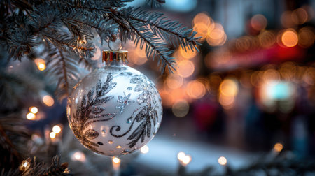 A beautiful ornament glimmers on a frosty tree branch as colorful lights shine in the background.の素材