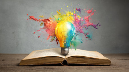 A vibrant light bulb emits colorful powder above an open book resting on a rustic tabletop.の素材