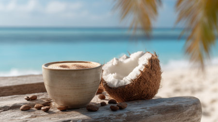 A cozy scene of fresh coffee nestled in a coconut shell by the beach with soft waves lapping.の素材