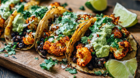 Tacos display a colorful mix of roasted cauliflower black beans and green toppings on a wooden board.の素材