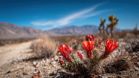 Delicate red and orange flowers rise from spiny cactus amidst a vast desert scene under sunny skies.の素材