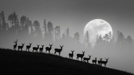 Silhouettes of deer stand on a hill as the full moon illuminates a foggy forest backdrop.の素材