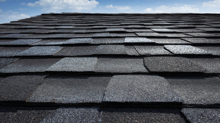 Dark shingles cover the roof each piece overlapping to create a sturdy structure. The clear blue sky provides a bright backdrop highlighting the texture and detail of the shingles.の素材