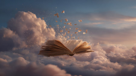 An enchanting book hovers among clouds its pages fluttering gracefully in the soft evening light.の素材