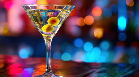 Refreshing martini in a glass garnished with olives sits elegantly on a bar counter.の素材