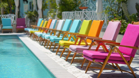 Brightly colored lounge chairs line the poolside of a tropical resort. The vibrant hues of pink orange green and blue invite guests to relax under the sun. The clear water glistens beside them.の素材