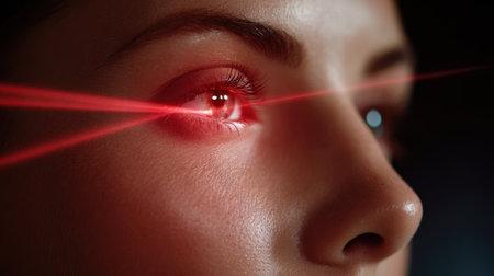 A close up of a persons face shows a striking red laser beam illuminating their eye highlighting a sci fi theme.の素材