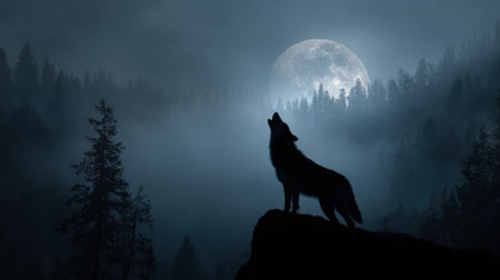 A lone wolf howls atop a rocky ledge surrounded by tall trees and a glowing moon.の素材