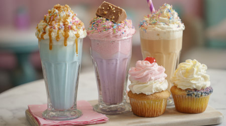 Sweet treats are displayed on a table with vibrant milkshakes and delicious cupcakes topped with cream.の素材