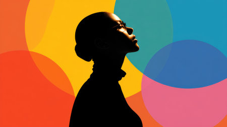 A woman with glasses stands in profile her silhouette sharply contrasted against a vibrant background of circles in orange blue and yellow. The scene conveys creativity and inspiration.の素材