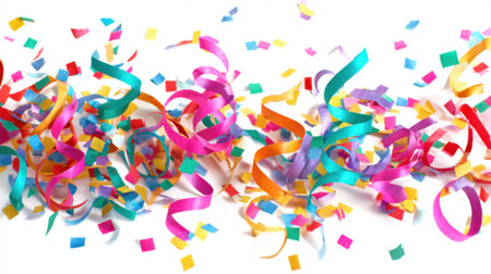 Bright streamers and vivid confetti scatter across a white surface bringing excitement and joy.の素材