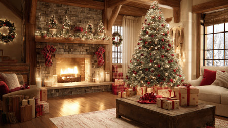 A warm living room filled with festive cheer featuring a glowing fireplace and a decorated Christmas tree.の素材