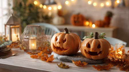 Two carved pumpkins with spooky faces sit on a table surrounded by autumn leaves and candles.の素材