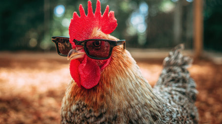 A stylish chicken with vibrant feathers and trendy sunglasses stands proudly in a lush setting.の素材