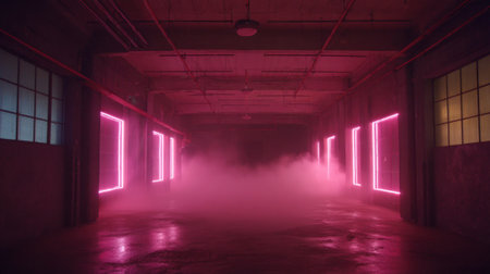 A dimly lit corridor striking features neon lights and ethereal fog creating a unique mood.の素材