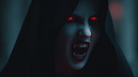 A figure in a hooded cloak displays sharp fangs and glowing red eyes evoking fear and mystery.の素材