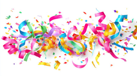 Brightly colored streamers and confetti scatter joyfully creating a lively and festive scene.の素材