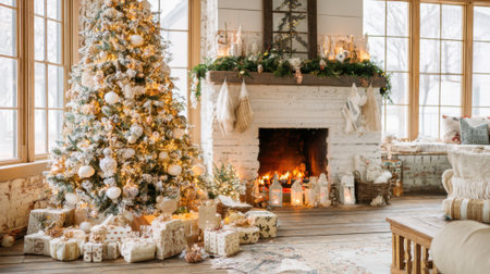 Festive decorations fill a warm living area featuring a tall Christmas tree and a glowing fire.の素材
