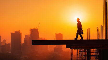 A construction worker strides along a beam silhouetted against a vibrant sunset.の素材