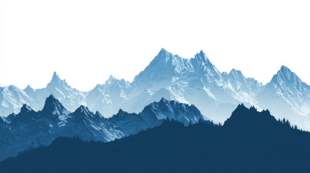 Snow capped mountains rise in bold layers against a bright blue sky creating a stunning vista.の素材