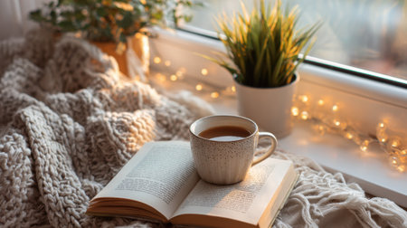Soft sunlight illuminates a cozy reading spot with tea a book and lovely plants nearby.の素材