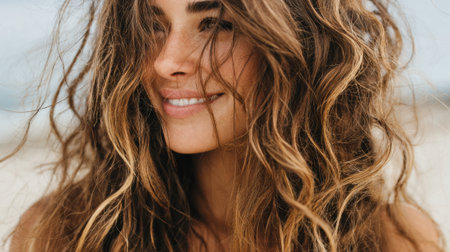 Charming young woman with curly hair smiles brightly soaking in the warmth of the sun at the beach.の素材