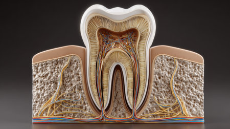 A detailed view presents the anatomy of a tooth highlighting nerves blood vessels and surrounding layers in vibrant colors.の素材