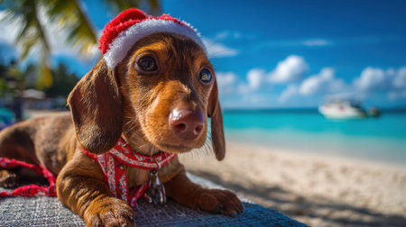 A small dachshund wears a bright red Christmas hat while relaxing on a beach surrounded by stunning blue waters.の素材