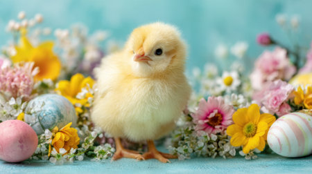 A fluffy yellow chick is surrounded by vibrant flowers and pastel Easter eggs celebrating spring.の素材