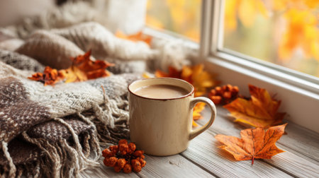 A warm drink rests on a wooden table surrounded by vibrant fall leaves and a cozy blanket.の素材