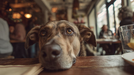 Dog looks curiously at patrons while resting its head on a table in a busy cafe.の素材
