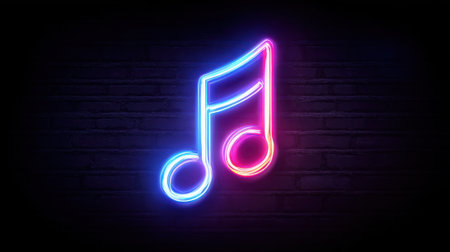 A bright neon music note shines on a dark wall creating a lively and energetic atmosphere.の素材