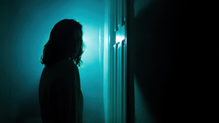 A person with wavy hair stands against a wall illuminated by blue light casting shadows.の素材