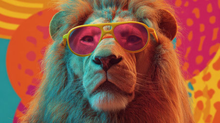 A stunning lion with fluffy mane wears bright sunglasses against a lively backdrop of colors and patterns.の素材