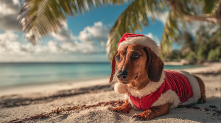 A cheerful dachshund dressed in a Santa outfit enjoys the sunny beach day with palm trees in the background.の素材