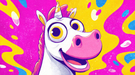 A vibrant unicorn with oversized eyes radiates happiness in a lively colorful setting.の素材