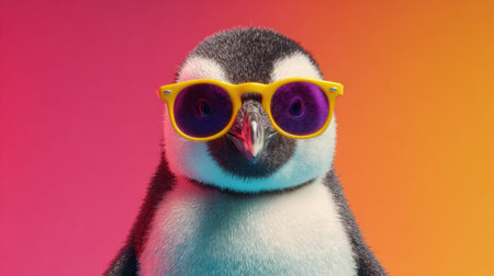 A cute penguin wearing bright yellow sunglasses stands proudly surrounded by a colorful backdrop.の素材