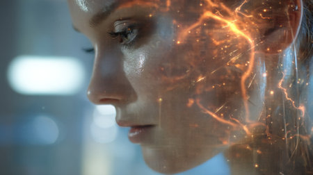 Woman with a reflective expression as glowing light patterns surround her creating a surreal atmosphere.の素材
