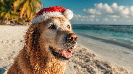 A joyful golden retriever relaxes on the beach in a Santa hat as waves gently lap the shore.の素材
